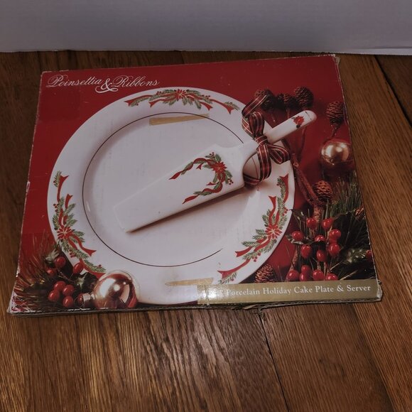 Vintage Christmas Poinsettia & Ribbons Cake Plate & Server Tienshan China 1995 - Picture 1 of 7